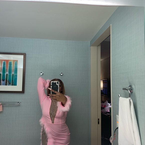 Dresses & Skirts - Pink custom dress with Feather sleeves and slit with nude sparkle slit